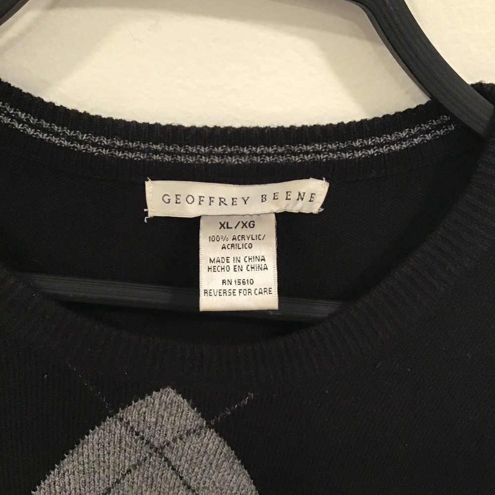 Geoffrey Beene Sweater Mens XL Black Gray Argyle Crew Neck Knit Office Wear - Picture 4 of 8